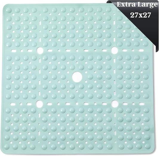ENKOSI Large 27 x 27 inch Square Non-Slip Shower Mat | Anti Slip Shower Stall Mat for Elderly and Young | Durable Shower Mat with Strong Secure Suction Cups and Drain Holes (27x27 Aqua Green)