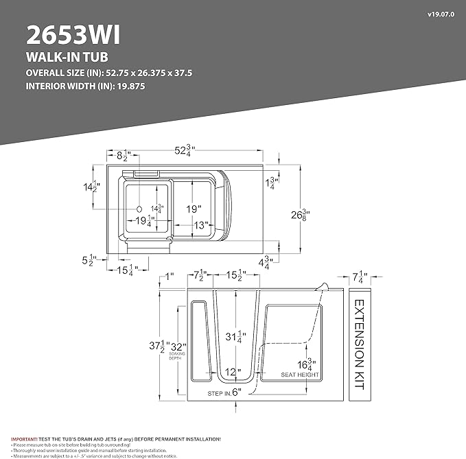 ANZZI Walk In Tub 53'' x 26'' with Quick Fill Faucet, 60" Shower Head, Easy Entry, Watertight Seal, Head Pillow, Slip-Resistant, ADA Seating, White Gelcoat, Safety Grab Bar - AMZ2653LWS-CP