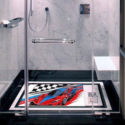 Bath Tub and Shower Mats, Non Slip Bathmat with Drain Holes and Suction Cups for Bathroom Floor, 15.1 x 26.8 Inch (Retro Race Car with Checkered Flag)