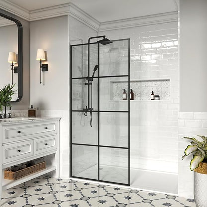 34" W x 72" H Shower Screen, Glass Shower Panel for Walk-in Shower, Fixed Shower Door with 3/8” (10mm) SGCC Tempered Glass, Matte Black