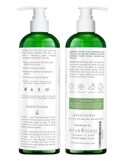 NaturSense USDA Organic Aloe Vera Gel from 100% Pure Aloe. Deep Hydration, Effective Moisturizing. Great for Hair, Scalp, Face, Dry Skin, Acne, Sunburn, Sensitive Skin. Unscented, 12 oz.