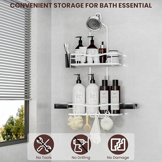 REINHARDT Shower Caddy Hanging, Rustproof Shower Caddy Anti-Swing Shower Organizer No Drilling Showers Racks with Soap Holder Multi Hooks Bathroom Storage for Shampoo Sponge, White
