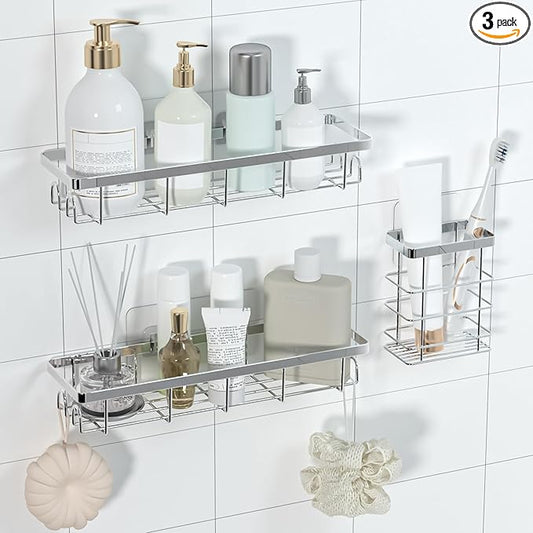 Shower Caddy Organizer with Hooks,Self Adhesive Bathroom Shelves,Shower Shelves,No Drilling Bathroom Organizers and Storage,Perfect for RV, Apartment, Home Decor,Silvery 3PK
