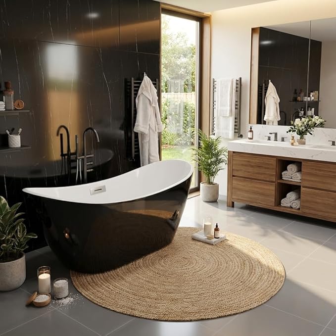 67" Freestanding Acrylic Bathtub, Deep Soaking Tub with Non-Slip Base & Chrome Drain, cUPC Certified, Black Ingot