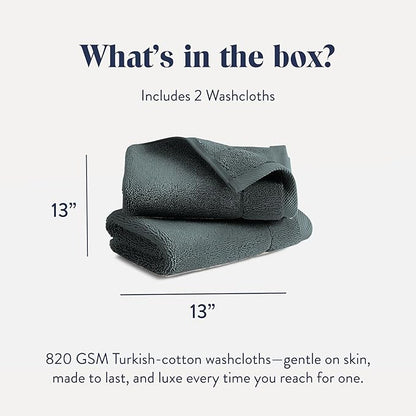 Brooklinen Super-Plush Turkish Cotton Washcloths - Set of 2 - Cotton, 820 GSM, Highly Absorbent, Machine Washable, Perfect for Home & Bathroom (13" x 13", Slate Grey)