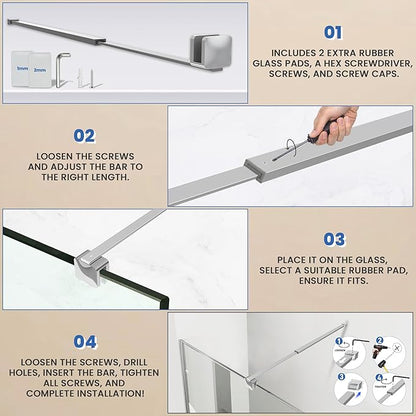 Shower Door Glass Support Bar, 26.96" to 48.54" Adjustable Stainless Steel Wall-to-Glass Shower Stabilizer Rod for 1/4", 5/16", 3/8", Chrome