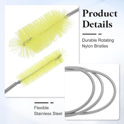 HARFINGTON 3pcs Flexible Long Drain Brush Straw Cleaner Set 78.74" Stainless Steel Double Ended Hose Brush with 8" Nylon Long Tube Pipe Cleaning for Fish Tank Sink Pipe, Yellow