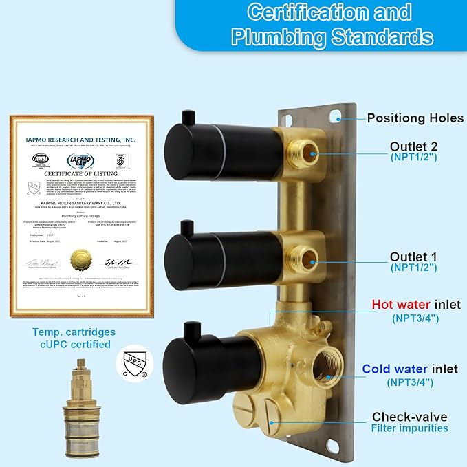 HOMEDEC 2 Way Shower Diverter Valve Brass Dual Functions Thermostatic Shower Mixing Valve Kit 3 Handle Flow Control Valve, 3/4 Inch Inlet, Can Use All Options At a Time, Matte Black
