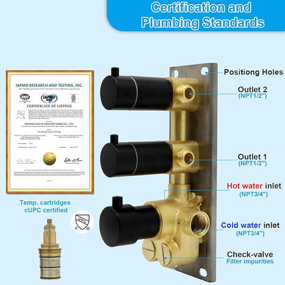 HOMEDEC 2 Way Shower Diverter Valve Brass Dual Functions Thermostatic Shower Mixing Valve Kit 3 Handle Flow Control Valve, 3/4 Inch Inlet, Can Use All Options At a Time, Matte Black