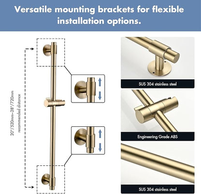 Adjustable Shower Slide Bar with 5-Function Handheld Shower Head, Stainless Steel Drill-free Mounted Slide Bar Combo with Extra Hose (Brushed Gold)