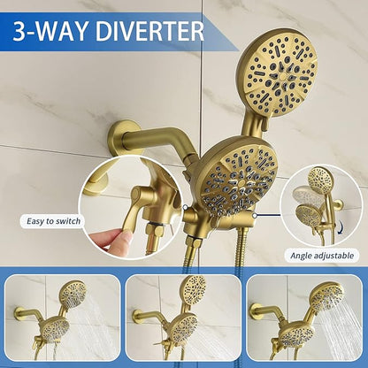 Dual Shower Faucet Set with Valve High Pressure Dual 2 in 1 Shower Combo Set Shower System with Handheld Showerhead 3-way Water Diverter Shower Trim Kit Brushed Gold