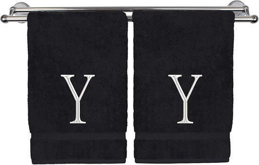 Monogrammed Hand Towel, Personalized Initial Gift, Extra Absorbent 100% Turkish Cotton - Soft Terry Finish - Set of 2 - White Block Initial Y - Embroidered on Black Towels