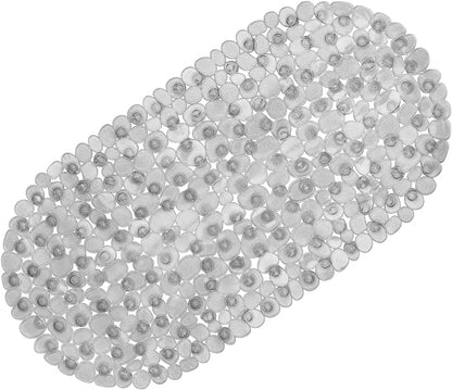 WELTRXE Pebbles Bathtub Mat Non Slip Oval Shower Mat with Suction Cups, Drain Holes, 27 x 14 Inch Plastic Bathroom Tub Mats Machine Washable, BPA, Latex Free Safety Mat for Bath Tub, Clear Gray
