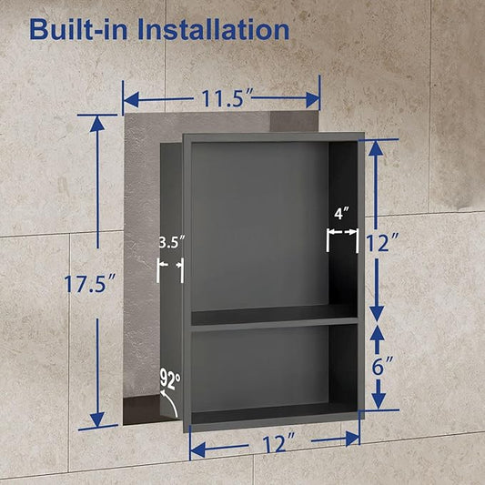 Shower Niche,12 * 18 Stainless Steel Elegant Bathroom Niche, No Tile Needed Recessed Shower Shelf Organizer for Storage,Grey