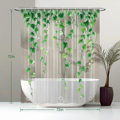 Clear Green Ivy Leaves Shower Curtain Liner, Transparent Plastic Nature Green Botanical Leaf Decorative Waterproof Shower Curtains for Bathroom, 72x72 Weighted Magnetic Shower Curtain Liner with Hooks