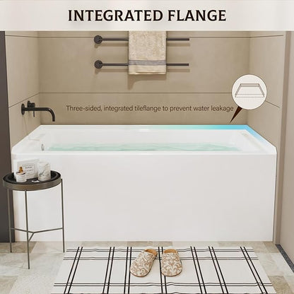 60x32 Inch Acrylic Bathtub, Single Apron Alcove Soaking Tub with Left-Side Overflow & Drain, Space-Saving Built-In Design, Easy Install for Modern Bathrooms