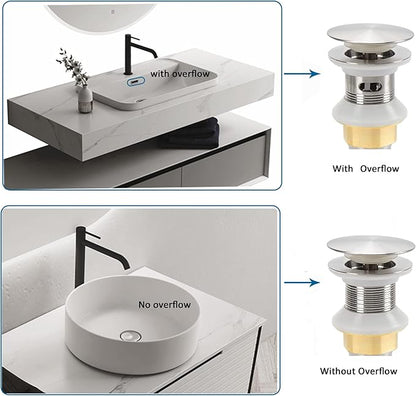 Bathroom Sink Drain,2 Pack Drain Stopper Bathroom Sink Without Overflow,Pop Up Drain Assembly with Detachable Strainer Basket,Built-in Anti-Clogging Strainer,Stainless Steel Brushed Nickel
