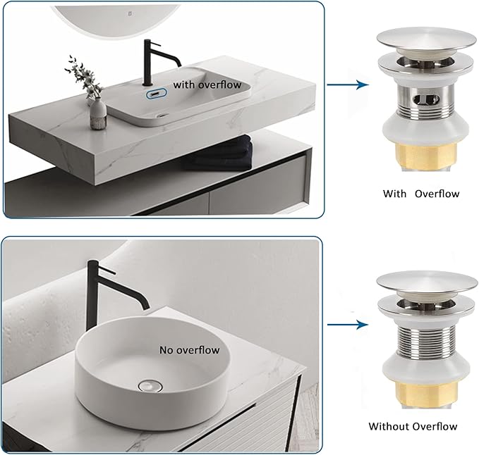 Bathroom Sink Drain,5 Pack Drain Stopper Bathroom Sink Without Overflow,Pop Up Drain Assembly with Detachable Strainer Basket,Built-in Anti-Clogging Strainer,Stainless Steel Brushed Nickel