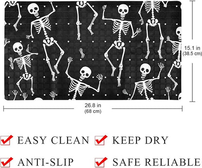 Bath Tub and Shower Mats, Non Slip Bathmat with Drain Holes and Suction Cups for Bathroom Floor, 15.1 x 26.8 Inch (Halloween Dancing Skeletons Cartoon Style)