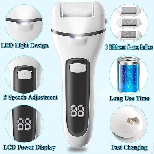Callus Remover for Feet Electric Foot File, 13-in-1 Professional Pedicure Tools Foot Care Kit, Foot Scrubber Pedi for Hard Cracked Dry Dead Skin, 3 Rollers, 2 Speed, Battery Display (White&Grey)