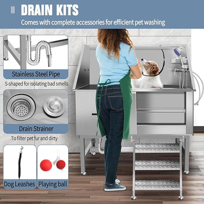Dog Washing Station Large Dogs Grooming Tub Professional Stainless Steel Dog Bathtubs Bathing Tub Pet Washing Station For Home With Steps