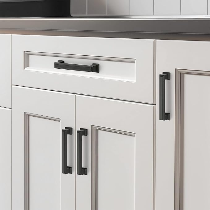 Ravinte Hardware 10 Pack Matte Black Cabinet Pulls, 3-3/4 Inch (96mm) Hole Center Zinc Alloy Drawer Handles for Kitchen Cabinets, Cupboards, Dressers, Square Solid Metal Hardware