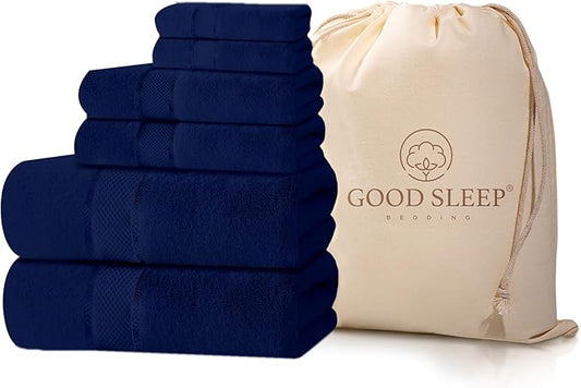 100% Cotton Bath Towel Set, Set of 6 Bath Towels, 2 Bath Towel, 2 Hand Towels, 2 Wash Cloths for Showering, Highly Absorbent Bathroom Set, Super Soft & Quick Dry Towels for Bathroom, Navy Blue