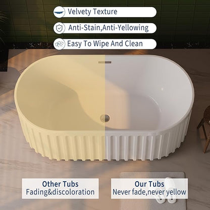Freestanding Bathtub 59 Inch Acrylic Soaking Tub – Stripe Design Free Standing Bath Tub with Overflow & Pop-Up Drain, Glossy White Bathtub for Home Spa