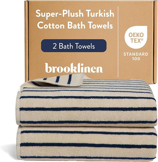 Brooklinen Super-Plush Turkish Cotton Bath Towels - Set of 2 - Cotton, 820 GSM, Highly Absorbent, Machine Washable, Perfect for Home & Bathroom (30" x 58", Striped Navy)