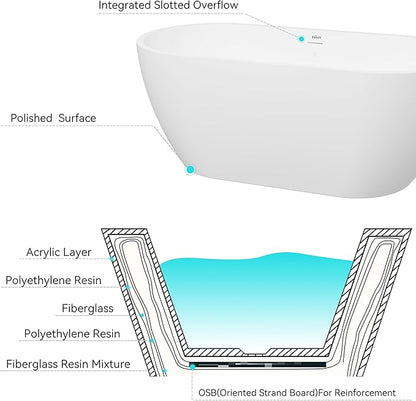 FerdY 59" Bali Acrylic Freestanding Bathtub, Gracefully Shaped Freestanding Soaking Bathtub, cUPC Certified, Toe-Tap Polished Gold Drain and Minimalist Linear Design Overflow Included