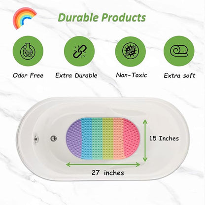 Baby & Toddler Bath Mat for Tub，Silicone Non Slip Bathtub Mat for Kids with 27 x 15 Inches for Storage, Rainbow Bathbub Mat with Push Pop Bubbles, Machine Washable Shower Mat, Colorful, Oval