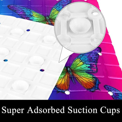 Bath Tub and Shower Mats, Non Slip Bathmat with Drain Holes and Suction Cups for Bathroom Floor, 15.1 x 26.8 Inch (Colorful Butterflies on Vibrant Gradient Background)