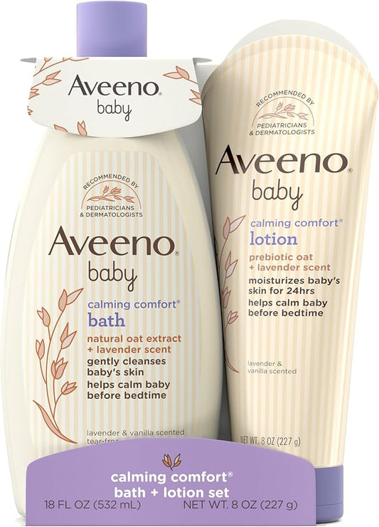 Aveeno Baby Calming Comfort Bath & Body Lotion Set, Nighttime Baby Skin Care Products with Nourishing Oatmeal Plus Relaxing Lavender & Vanilla Scents, Paraben- & Phthalate -Free, 2 Items