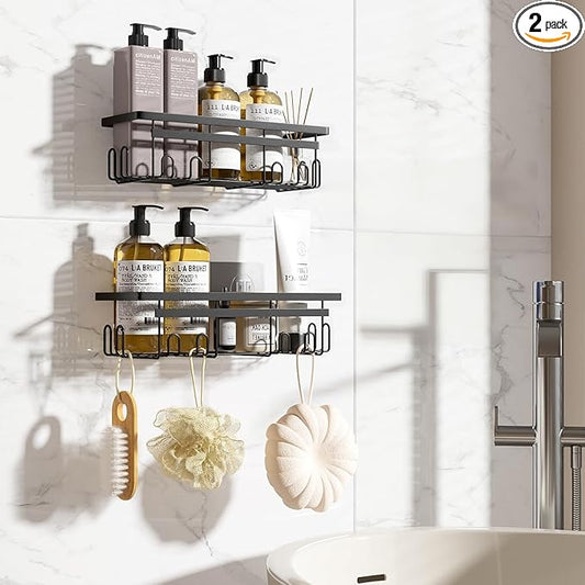 Shower Caddy, 2-Pack No Drilling Rustproof Organizer with Save Space Hooks, Apartment Essentials for Bathroom, No Drilling Shelves for Kitchen & Living Room