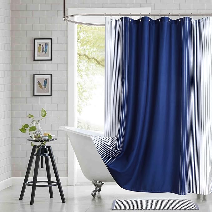 Blue Shower Curtain, Modern Navy Blue and White Gradient Vertical Stripe Waterproof Polyester Shower Curtains for Bathroom, 72x72 Inches