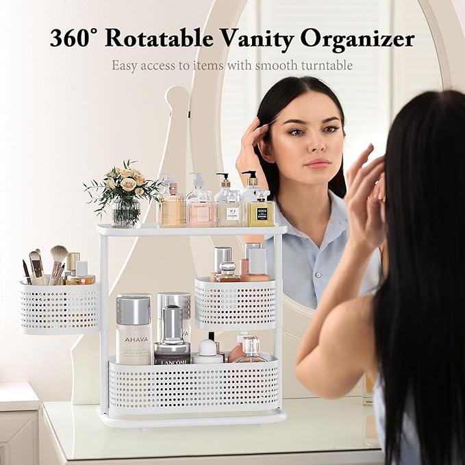 KINGRACK 3-Tier Rotating Bathroom Organizer, Countertop Vanity Tray, Spice Rack Storage, Easy to Assembly Space-Saving Organizer for Bathroom, Kitchen, Laundry Room, White