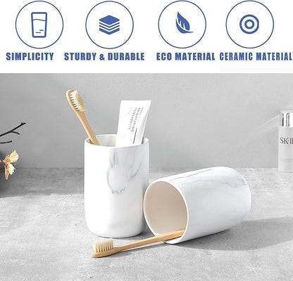 Marble Toothbrush Holders - 2 Ceramic Toothbrush Holders for Bathrooms Toothbrush Toothpaste Holders Set, White Bathroom Tumbler Cups Reusable Toothbrush Mouthwash Cup, Bathroom Counter Organizer.