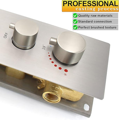 HOMEDEC 5-Function Brass Thermostatic Shower Valve Kit Can Run at Same Time, Concealed Water Diverter with 6 Round Handles Knobs Valve, Brushed Nickel