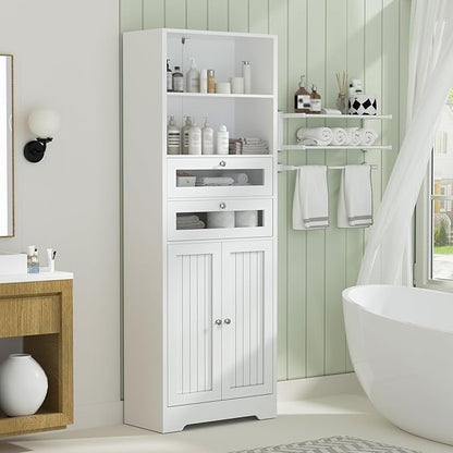 MU 67" Tall Bathroom Storage Cabinets, Modern Linen Cabinet with Doors & Shelves & Drawer, Tall Freestanding Storage Cabinet for Bathroom, Living Room, Kitchen, Pantry, White