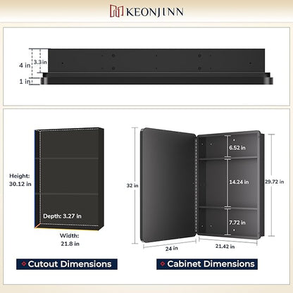 Keonjinn 24 x 32 Inch Black Recessed Medicine Cabinets, Bathroom Mirrored Medicine Cabinet, Gloss Black Stainless Steel Framed, Adjustable Shelves, in Wall or Surface Mount, Sturdy & Heavy, Farmhouse