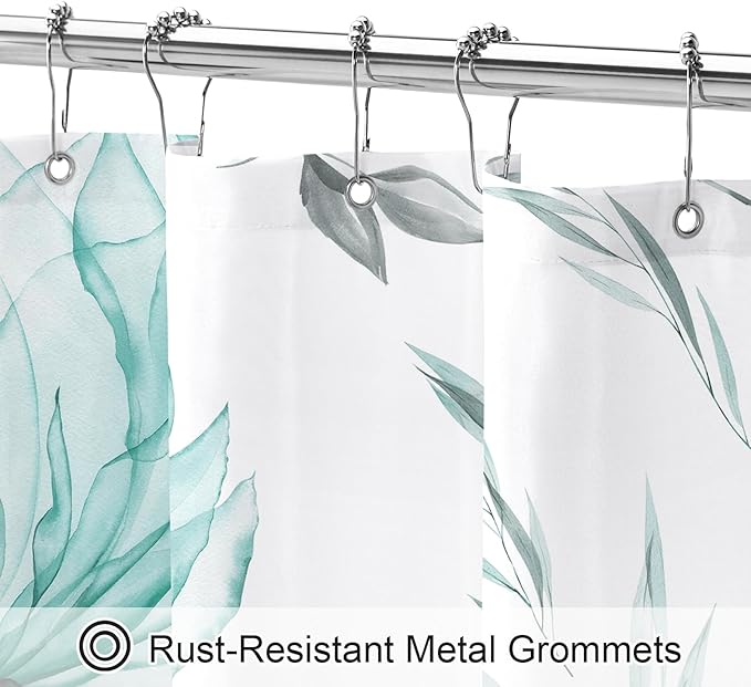 Long Boho Watercolor Floral Shower Curtain 72 x 78, Teal Blue and Grey Ink Painting Style Flower Shower Curtains for Chic Elegant Bathroom, Artistic 78 Inch Long Fabric Shower Curtain