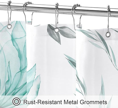 Long Boho Watercolor Floral Shower Curtain 72 x 78, Teal Blue and Grey Ink Painting Style Flower Shower Curtains for Chic Elegant Bathroom, Artistic 78 Inch Long Fabric Shower Curtain
