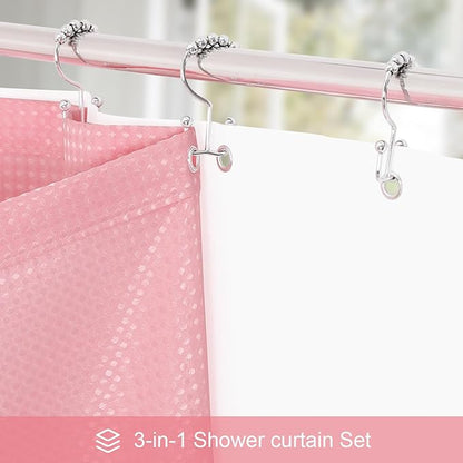 3 in 1 Stall Half Size Pink Shower Curtain Set-36 W x 72 H, Modern Waffle Waterproof Fabric and PEVA Liner Set with Stainless Steel Hooks