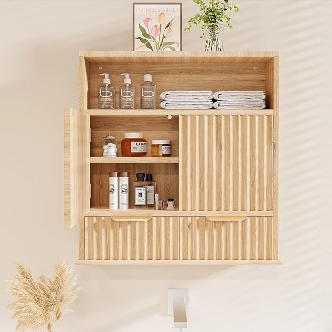 Bathroom Wall Cabinet, Wall Mounted Medicine Cabinet with Drawers, Modern Farmhouse Storage Cabinet with with Adjustable Wood Shelf & Doors for Bathroom, Kitchen, Laundry Room (Natural Oak)