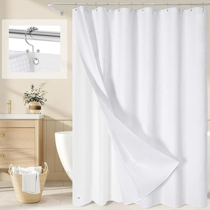 3-in-1 White Waffle Shower Curtain Set, Waterproof Fabric Modern Shower Curtain with PEVA Liner & 12 Stainless Steel Double-Sided Hooks, Hotel Style Bathroom Decor, 72 x 72