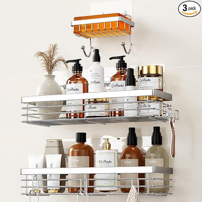 Orimade Adhesive Shower Caddy Soap Dish Holder Shelf with 5 Hooks Bathroom Organizer Basket Kitchen Storage Rack Wall Mounted No Drilling Stainless Steel - 3 Pack,Silver