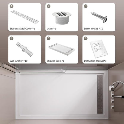 MORVANO 32 x 60 Shower Base with Left Drain Removable Stainless Cover,Shower Pan Kit Non-Slip in White