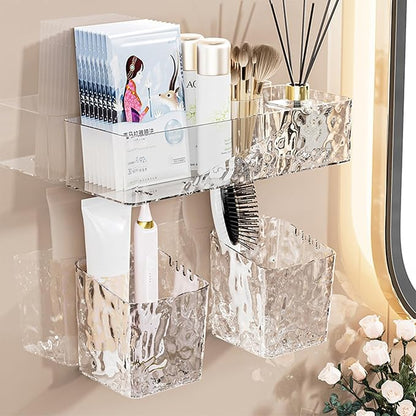4 Pack Wall Mounted Bathroom Caddy Organizer, Adhesive Shower Shelf for Inside Shower Caddy Plastic Bathroom Organizers and Storage with Bins for Makeup, Bath, Home Decor (Clear-4 Pack)
