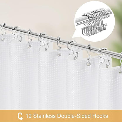 3 in 1 Long Shower Curtain Set-72 W x 78 H, White Waffle and PEVA Liner Set with 12 Stainless Steel Hooks, Waterproof Fabric for Bathroom