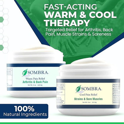 Sombra Warm & Cool Pain Relief Gel, Warm Relief for Arthritis and Chronic Pain Pre-Workout Muscle Rub, Cold for Swelling, Soreness, Post-Workout, Free of Artificial Fragrances, 4oz Per Jar